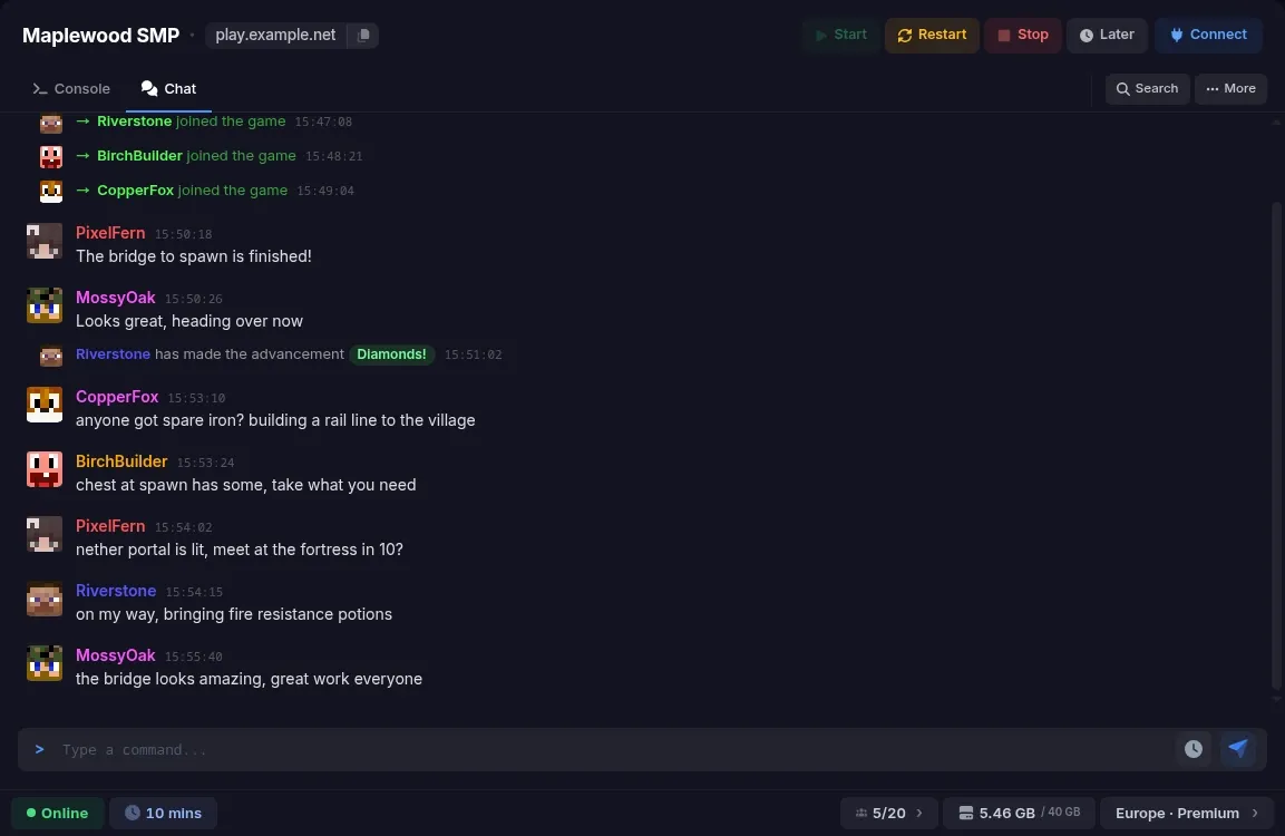 Falix console chat tab showing player messages