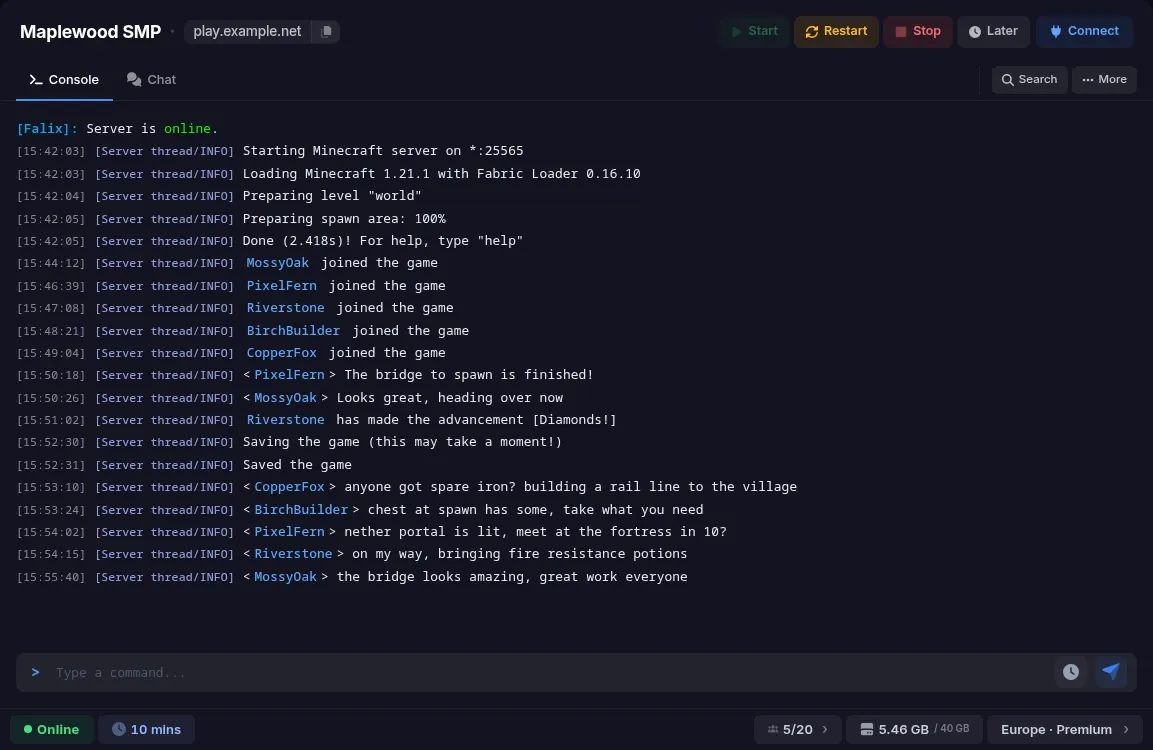 Falix console with Start, Restart and Stop buttons and live server output