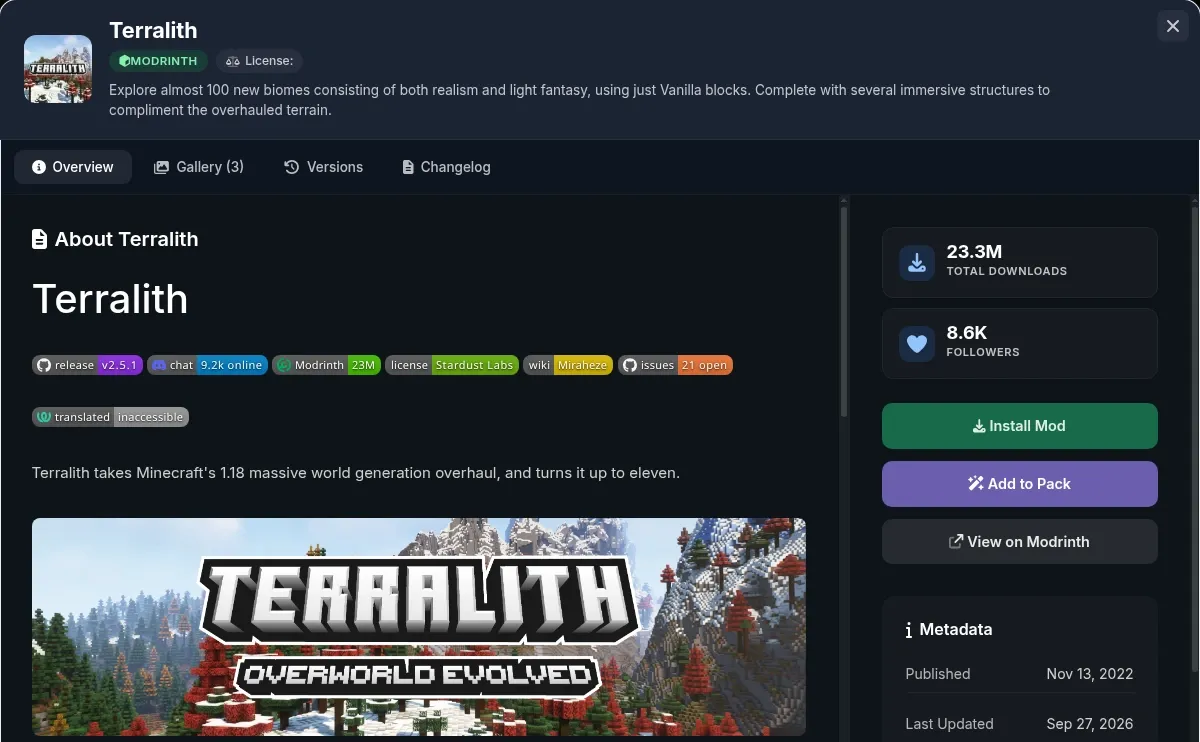 Falix content viewer showing Terralith with downloads, followers and install buttons