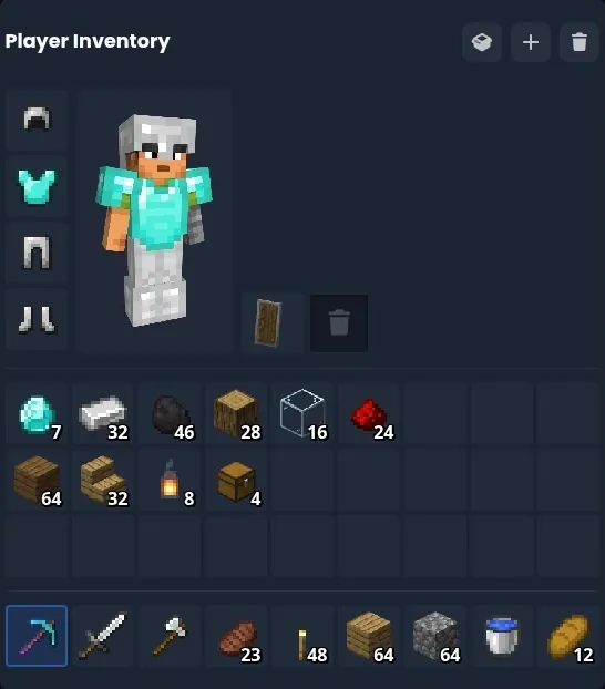 Falix player inventory with armour, a full-body skin render and item stacks
