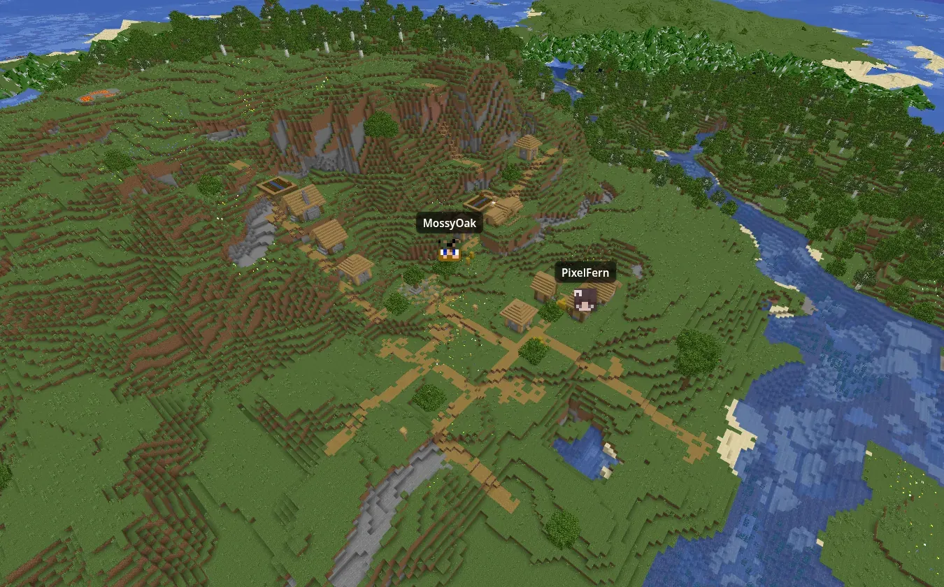 Falix 3D map of a Minecraft village beside a river, with live player markers